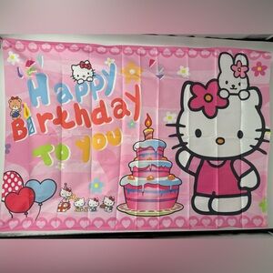 Hello Kittie Happy Birthday Backdrop Banner 5x3Ft